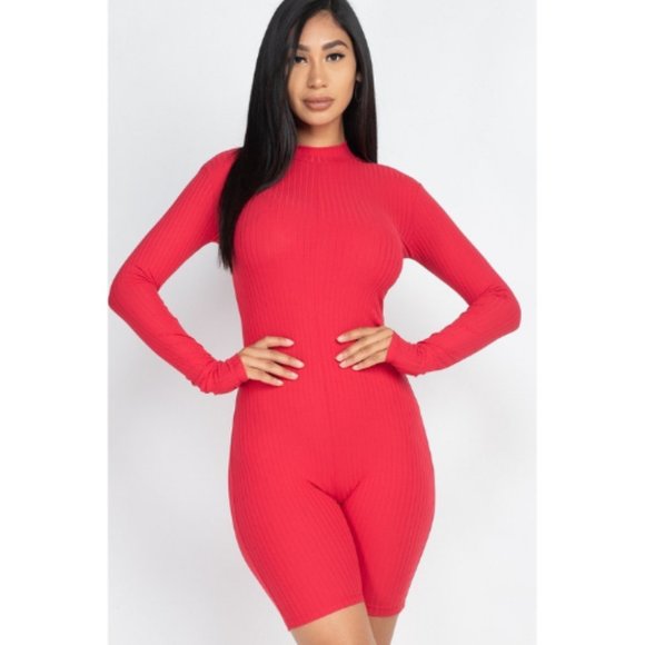 Women’s Red Long Sleeve Ribbed Knit Romper - Picture 1 of 4